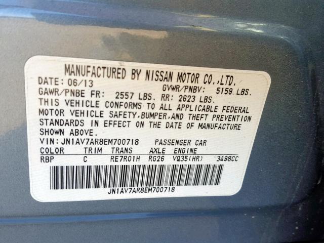 JN1AV7AR8EM700718 - 2014 INFINITI Q50 HYBRID BLUE photo 10