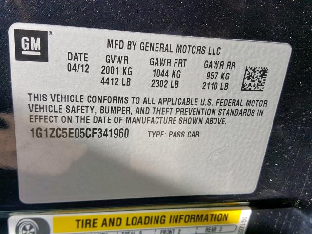 1G1ZC5E05CF341960 - 2012 CHEVROLET MALIBU 1LT შავი ფოტო 10