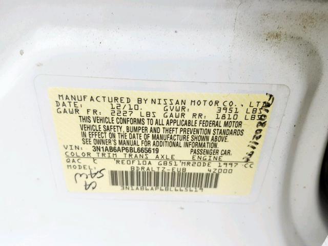 3N1AB6AP6BL665619 - 2011 NISSAN SENTRA 2.0 WHITE photo 10