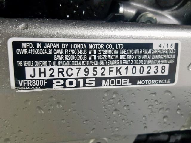 JH2RC7952FK100238 - 2015 HONDA VFR800 F WHITE photo 19