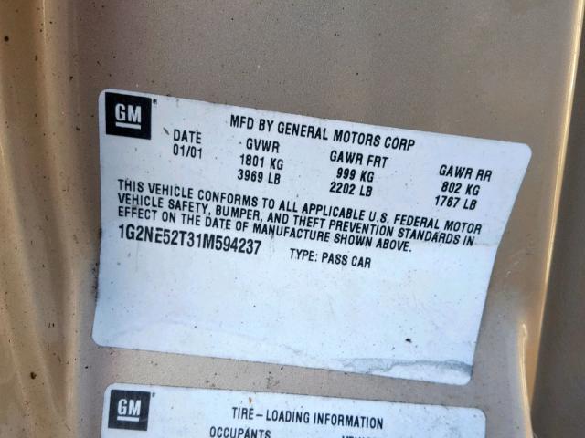 1G2NE52T31M594237 - 2001 PONTIAC GRAND AM S GOLD photo 10