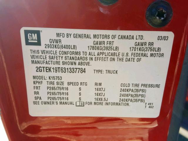 2GTEK19T631337784 - 2003 GMC NEW SIERRA RED photo 10