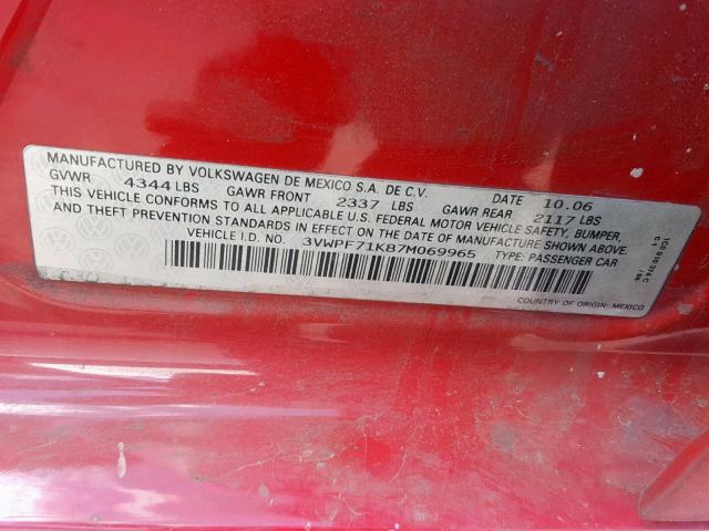 3VWPF71K87M069965 - 2007 VOLKSWAGEN JETTA 2.5 RED photo 10