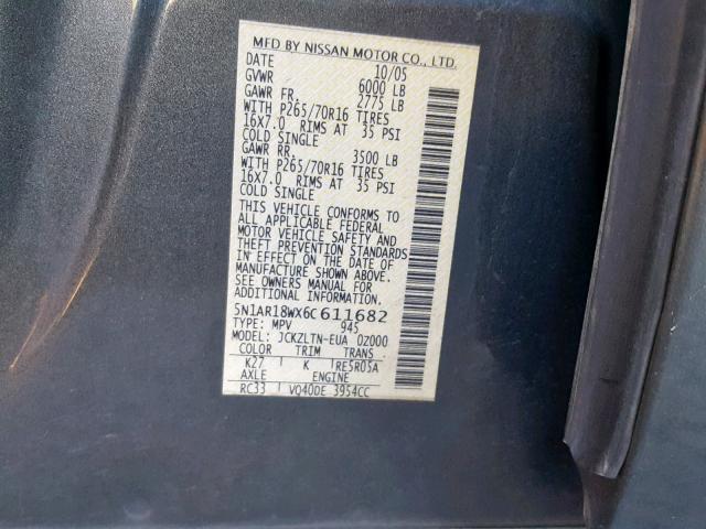 5N1AR18WX6C611682 - 2006 NISSAN PATHFINDER GRAY photo 10