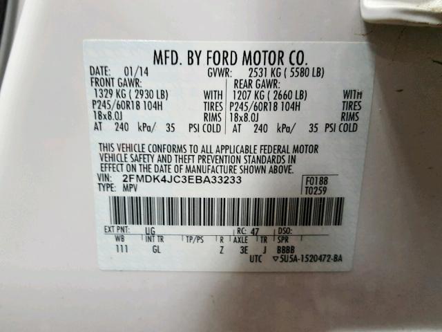 2FMDK4JC3EBA33233 - 2014 FORD EDGE SEL WHITE photo 10