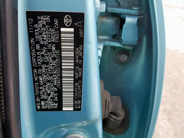 JTDKDTB32C1030105 - 2012 TOYOTA PRIUS C BLUE photo 10