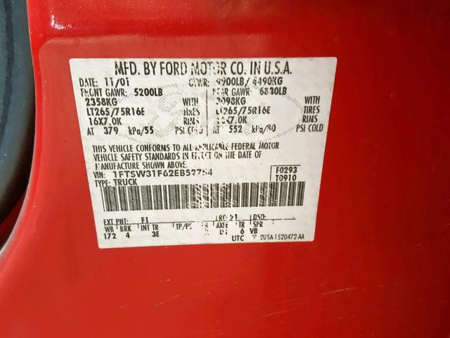 1FTSW31F62EB52754 - 2002 FORD F350 SRW S RED photo 10