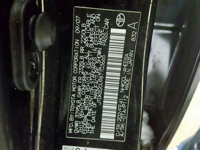 JTDKB20U987703665 - 2008 TOYOTA PRIUS BLACK photo 10