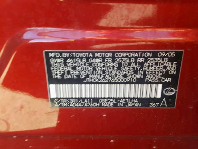 JTHCK262765000910 - 2006 LEXUS IS 250 RED photo 10