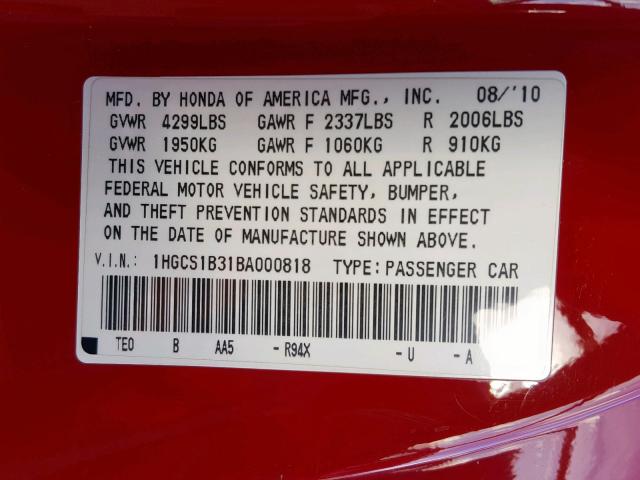 1HGCS1B31BA000818 - 2011 HONDA ACCORD LX- RED photo 10