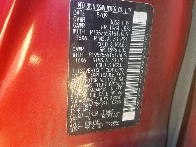 JN8AZ28R09T110250 - 2009 NISSAN CUBE BASE RED photo 10