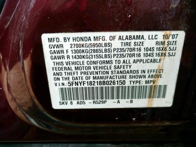 5FNYF18218B026150 - 2008 HONDA PILOT VP MAROON photo 10