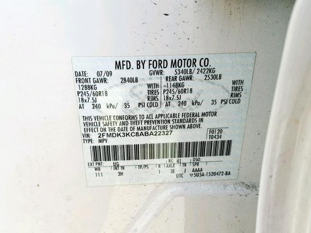 2FMDK3KC8ABA22327 - 2010 FORD EDGE LIMIT WHITE photo 10