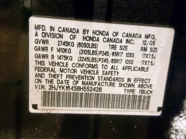 2HJYK16456H552428 - 2006 HONDA RIDGELINE BLACK photo 10