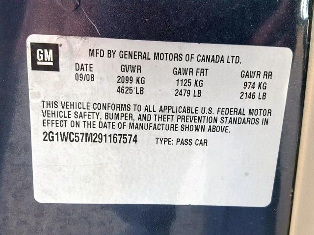 2G1WC57M291167574 - 2009 CHEVROLET IMPALA 2LT GRAY photo 10