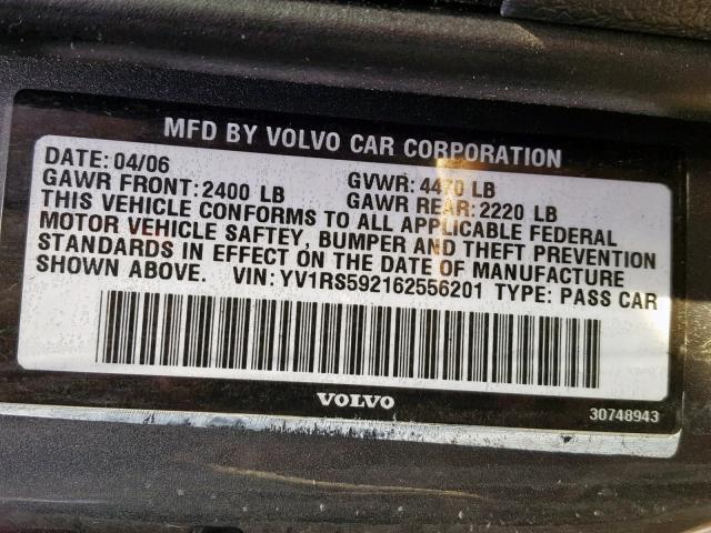 YV1RS592162556201 - 2006 VOLVO S60 2.5T GRAY photo 10