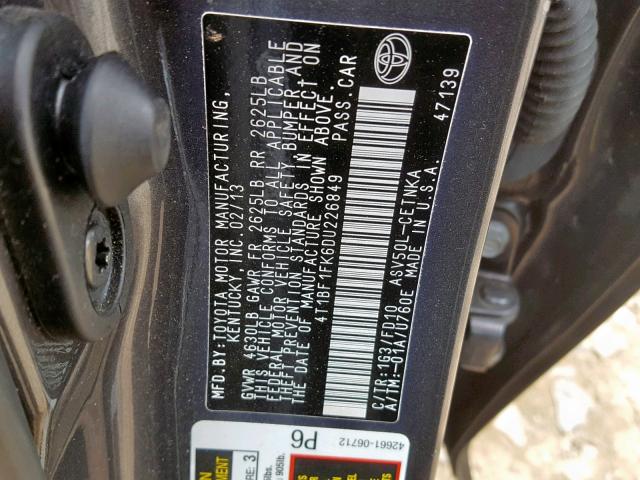 4T1BF1FK6DU226849 - 2013 TOYOTA CAMRY L GRAY photo 10