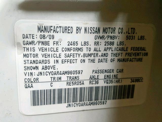 JN1CY0AR4AM960597 - 2010 INFINITI M35 BASE WHITE photo 10