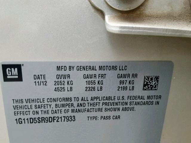 1G11D5SR9DF217933 - 2013 CHEVROLET MALIBU 1LT TAN photo 10