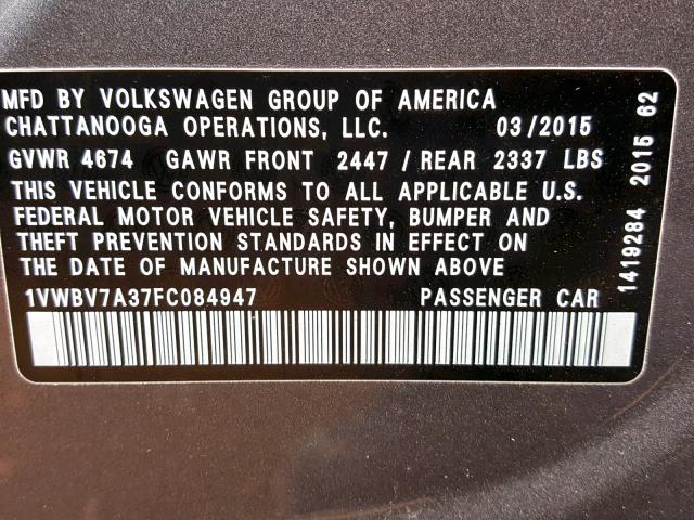 1VWBV7A37FC084947 - 2015 VOLKSWAGEN PASSAT SE GRAY photo 10