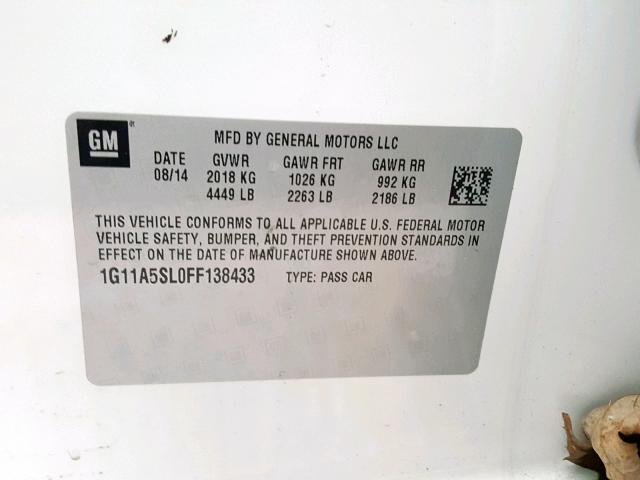 1G11A5SL0FF138433 - 2015 CHEVROLET MALIBU LS WHITE photo 10