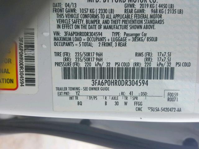 3FA6P0HR0DR304594 - 2013 FORD FUSION SE WHITE photo 10