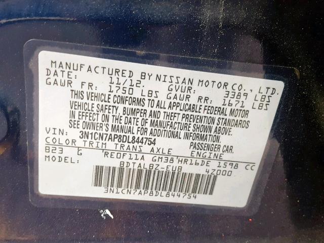 3N1CN7AP8DL844754 - 2013 NISSAN VERSA S BLUE photo 10