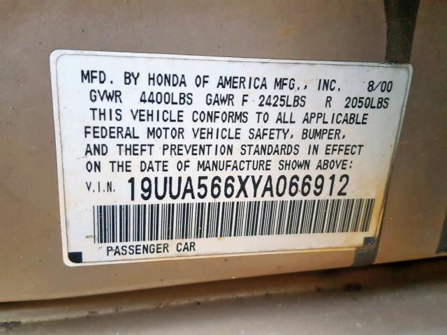 19UUA566XYA066912 - 2000 ACURA 3.2TL GOLD photo 10