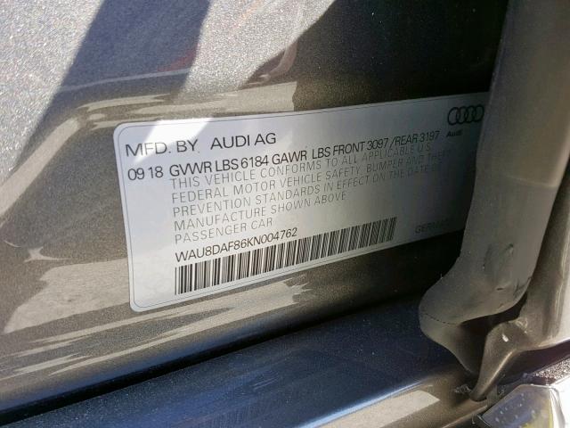 WAU8DAF86KN004762 - 2019 AUDI A8 L CHARCOAL photo 10