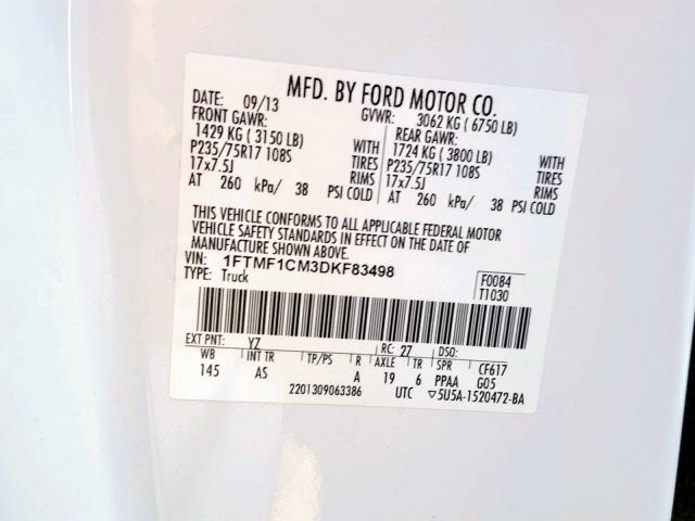 1FTMF1CM3DKF83498 - 2013 FORD F150 WHITE photo 10