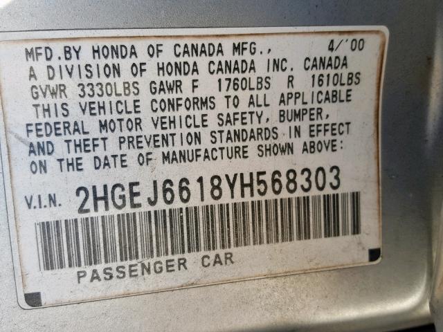 2HGEJ6618YH568303 - 2000 HONDA CIVIC BASE Gümüş foto 10