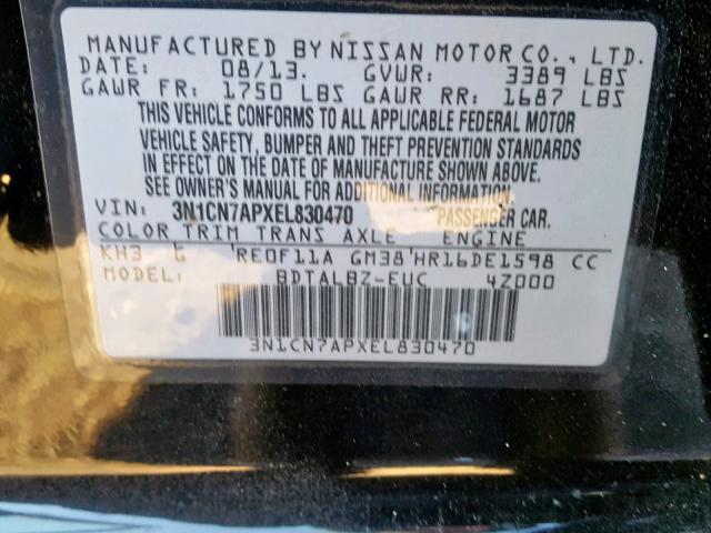 3N1CN7APXEL830470 - 2014 NISSAN VERSA S BLACK photo 10