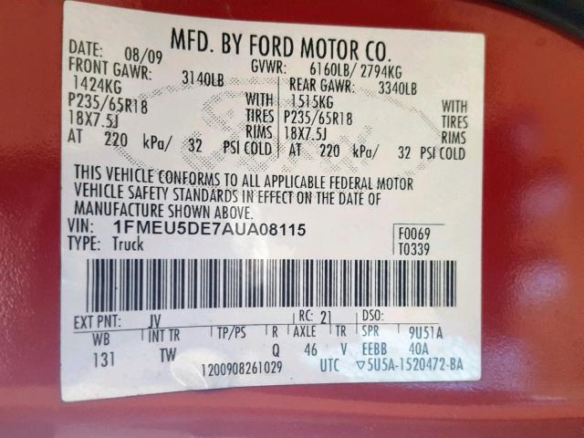 1FMEU5DE7AUA08115 - 2010 FORD EXPLORER S MAROON photo 10