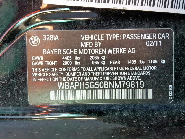 WBAPH5G50BNM79819 - 2011 BMW 328 I SULE BLACK photo 10