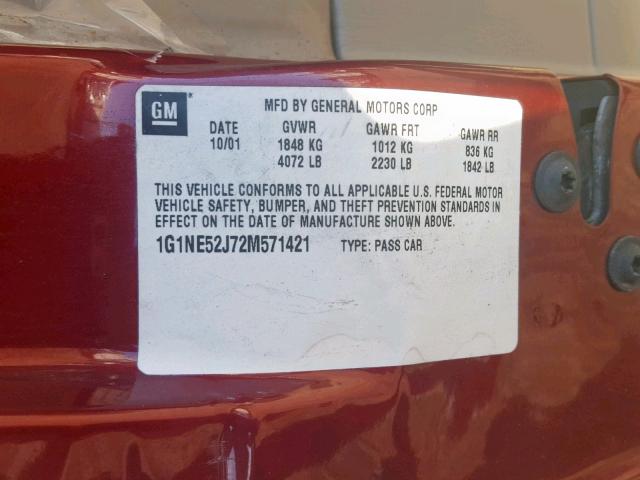 1G1NE52J72M571421 - 2002 CHEVROLET MALIBU LS BURGUNDY photo 10