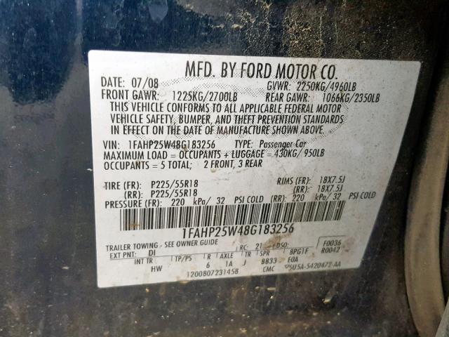 1FAHP25W48G183256 - 2008 FORD TAURUS LIM BLUE photo 10