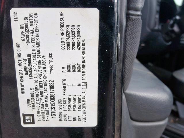 1GTCS19X038170832 - 2003 GMC SONOMA BLACK photo 10