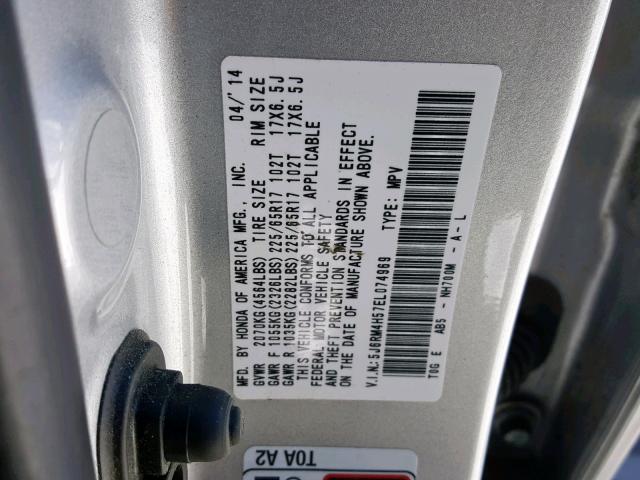 5J6RM4H57EL074969 - 2014 HONDA CR-V EX SILVER photo 10