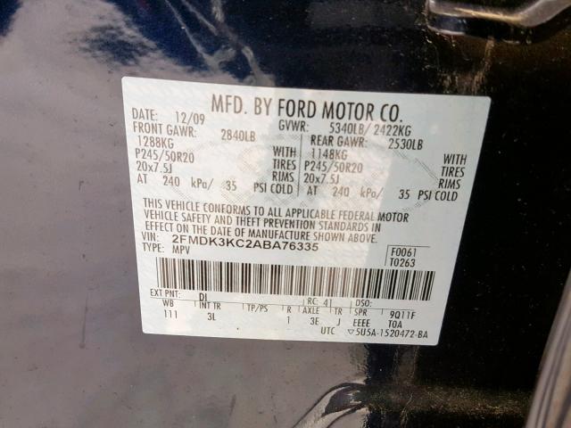 2FMDK3KC2ABA76335 - 2010 FORD EDGE LIMIT BLUE photo 10