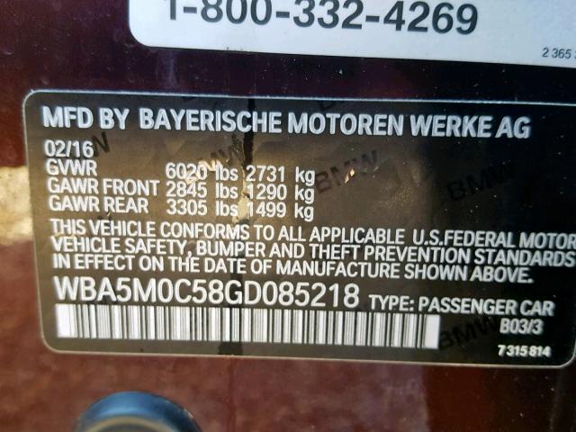 WBA5M0C58GD085218 - 2016 BMW 550 XIGT BURGUNDY photo 10