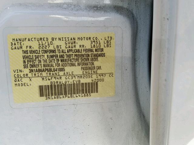 3N1AB6AP6BL641885 - 2011 NISSAN SENTRA 2.0 WHITE photo 10