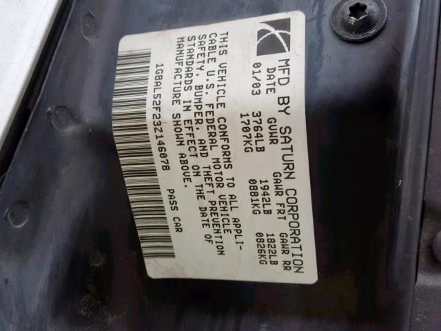1G8AL52F23Z146078 - 2003 SATURN ION LEVEL SILVER photo 10