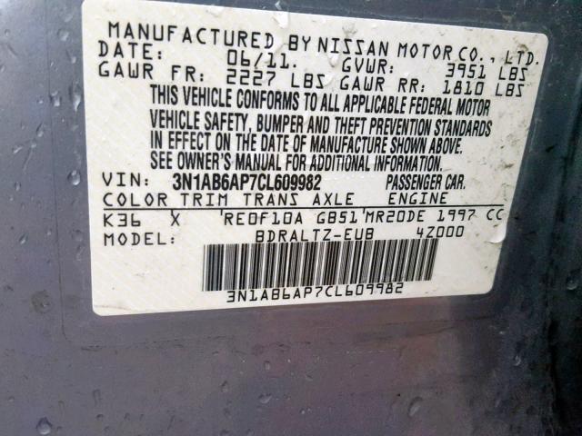 3N1AB6AP7CL609982 - 2012 NISSAN SENTRA 2.0 GRAY photo 10