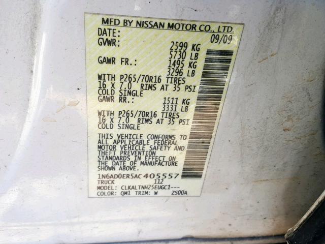 1N6AD0ER5AC405557 - 2010 NISSAN FRONTIER C WHITE photo 10