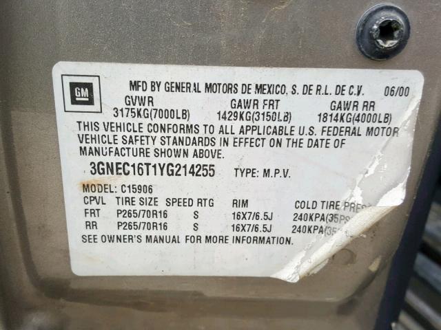 3GNEC16T1YG214255 - 2000 CHEVROLET SUBURBAN C GRAY photo 10