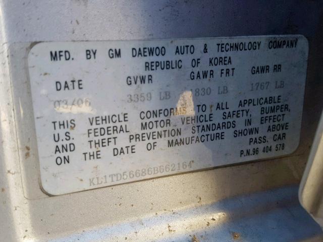 KL1TD56686B662164 - 2006 CHEVROLET AVEO BASE ვერცხლისფერი ფოტო 10