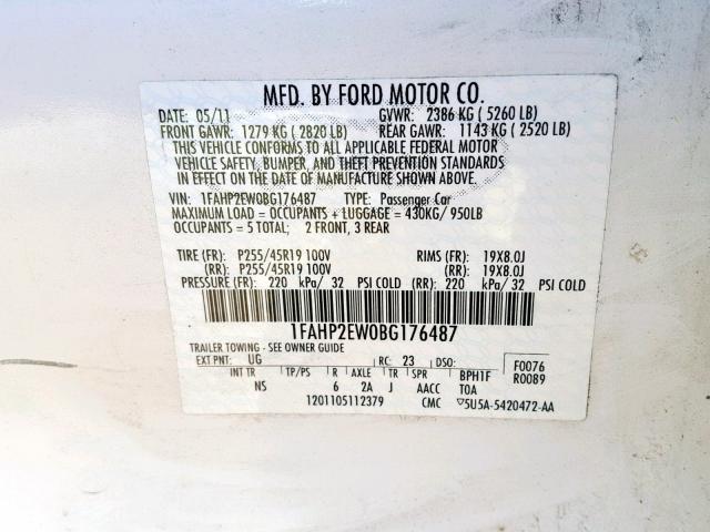 1FAHP2EW0BG176487 - 2011 FORD TAURUS SEL WHITE photo 10