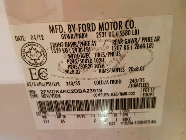 2FMDK4KC2DBA23919 - 2013 FORD EDGE LIMIT WHITE photo 10