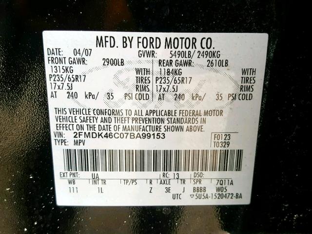 2FMDK46C07BA99153 - 2007 FORD EDGE SE BLACK photo 10