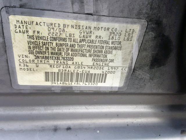 3N1AB61EX8L763320 - 2008 NISSAN SENTRA 2.0 GRAY photo 10